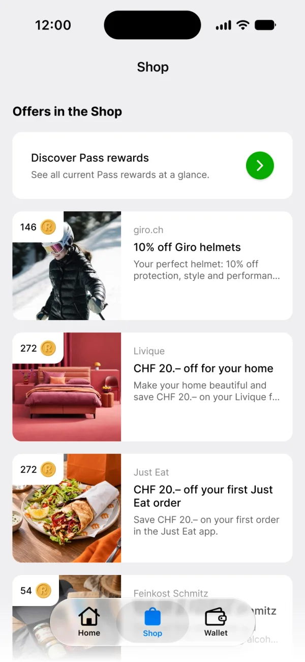 Ridewize Shop mit Partnerbelohnungen, die mit Punkten freigeschaltet werden können.