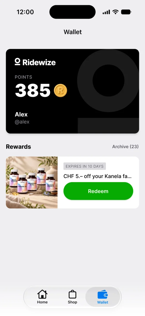 Ridewize Wallet mit aktuellem Punktestand und einer freigeschalteten Belohnung zum Einlösen.