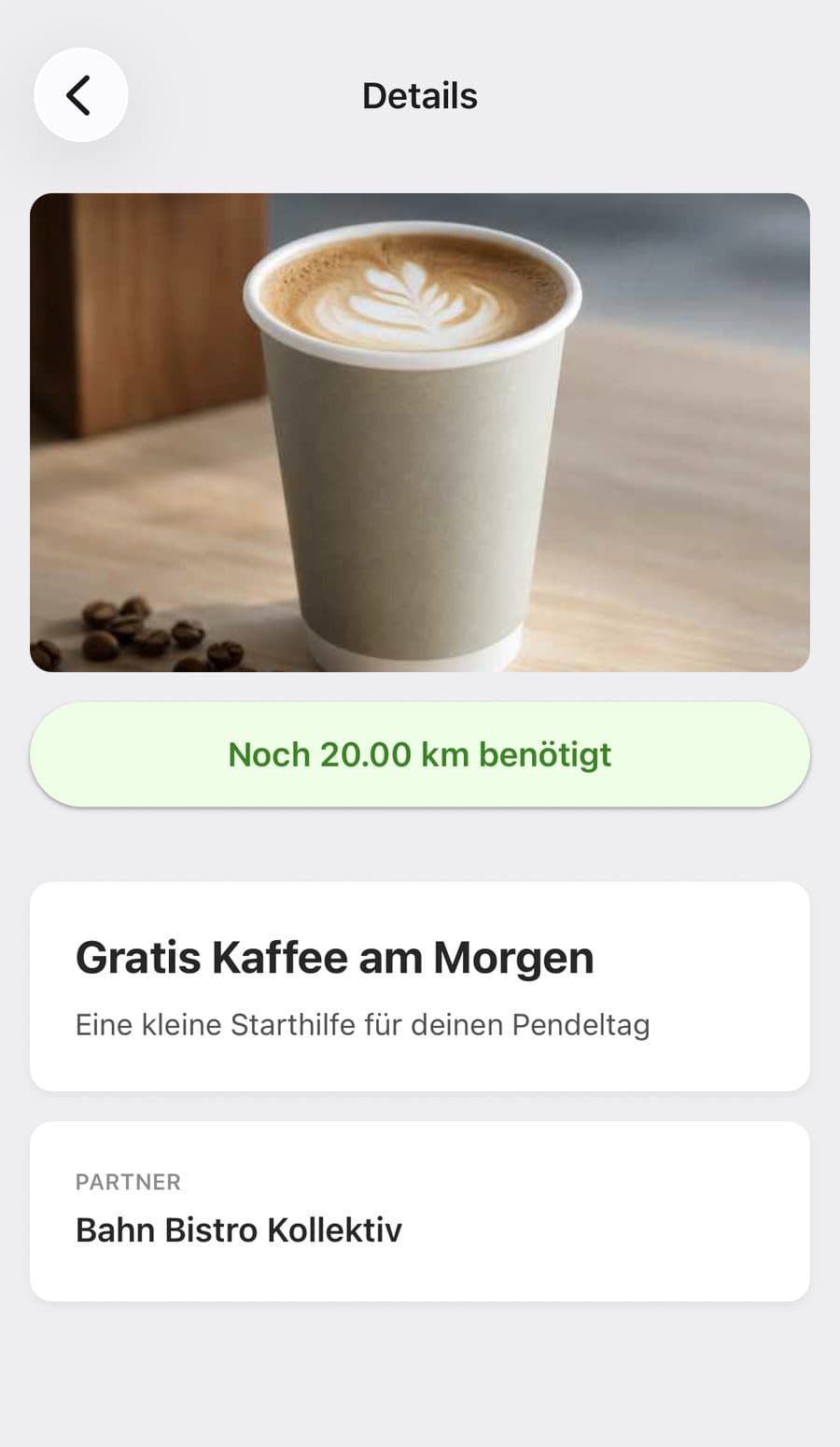 Detail einer Demo-Pass-Belohnung für einen Gratis-Kaffee, für die noch 20 Kilometer benötigt werden