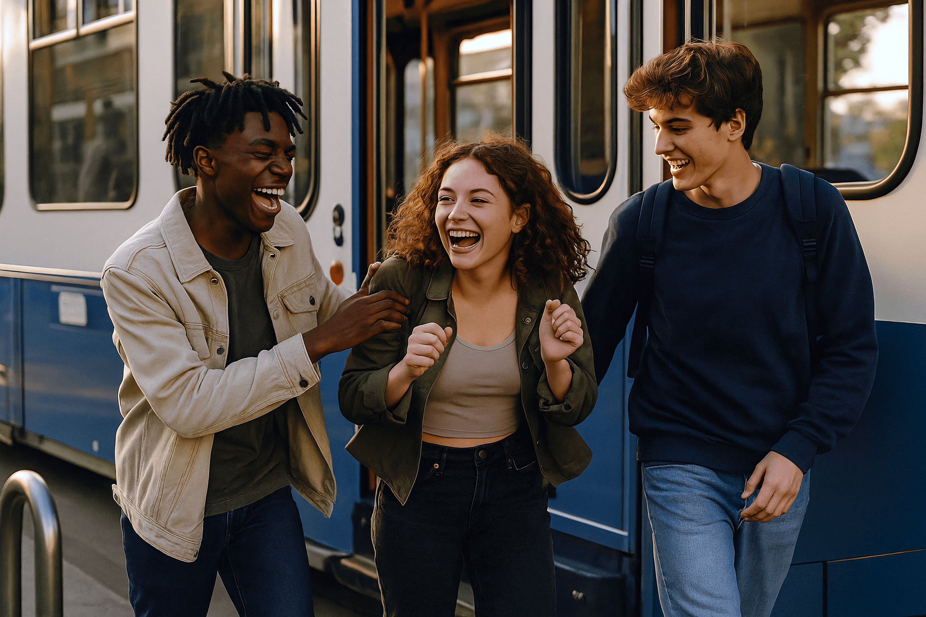 Three young people laughing together while walking beside a blue and white tram.